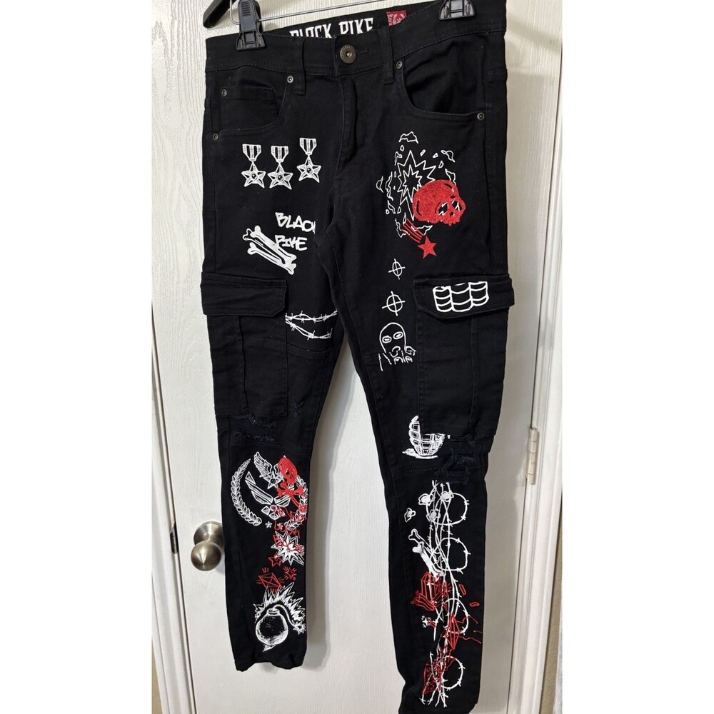 Black Pike Men’s Jeans Cargo Straight Black Pants Size 30x32 Skater Y2K Distress